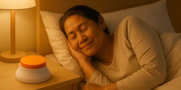 Older adult sleeping with ReMyder by bed